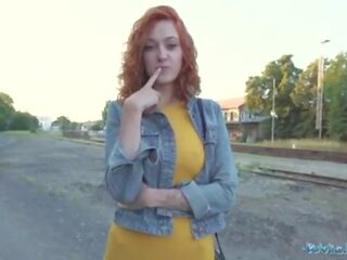Public Agent voluptuous redhead waitress sucks peter and gets fucked doggystyle outside in public