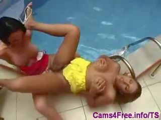 2 hot Tgirls fucking each other poolside